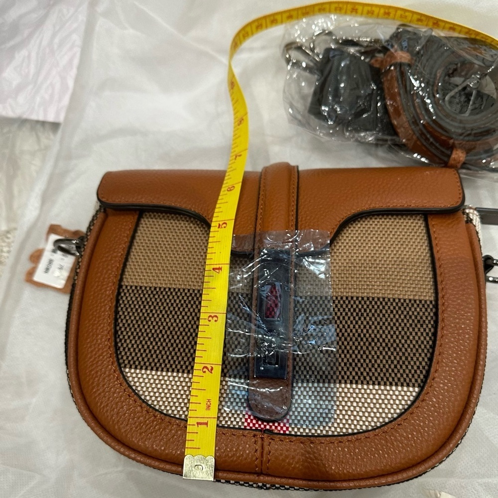 Genuine Leather and Woven Checked Mini Crossbody - Picture 14 of 15